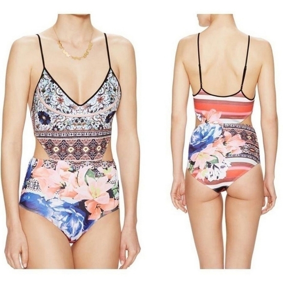 CLOVER CANYON Floral Collage Vibrant Cutout One Piece Swimsuit XS - Picture 1 of 10